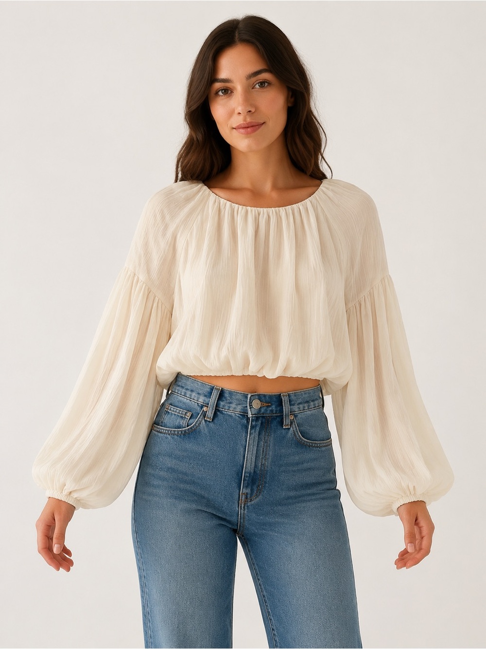 ASTR The Label Cream Plissé Balloon Sleeve Cropped Blouse Size Small NWT